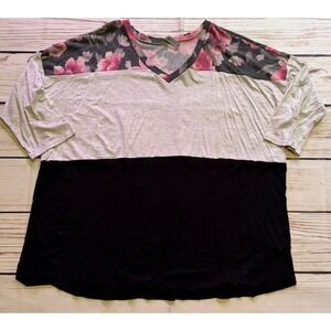 Honeyme Curvy Floral Colorblock V-Neck Top Pink Grey Black XXXL